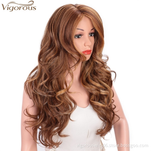 Vigorous Women's Blonde Mixed Brown Big Wave Synthetic Hair Long Wavy Curly Hair Heat Resistant Fiber Wigs